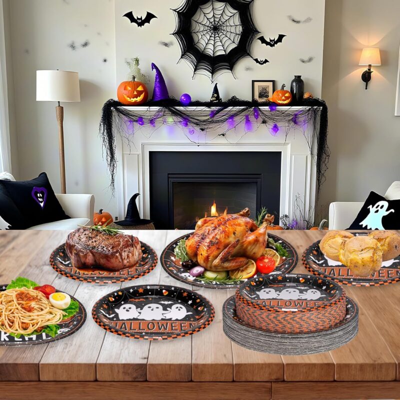 Durable black and orange Halloween tableware for 12 guests